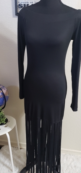 **New Never Worn** Off Shoulder Fringe Maxi Dress-Black - Picture 8 of 8